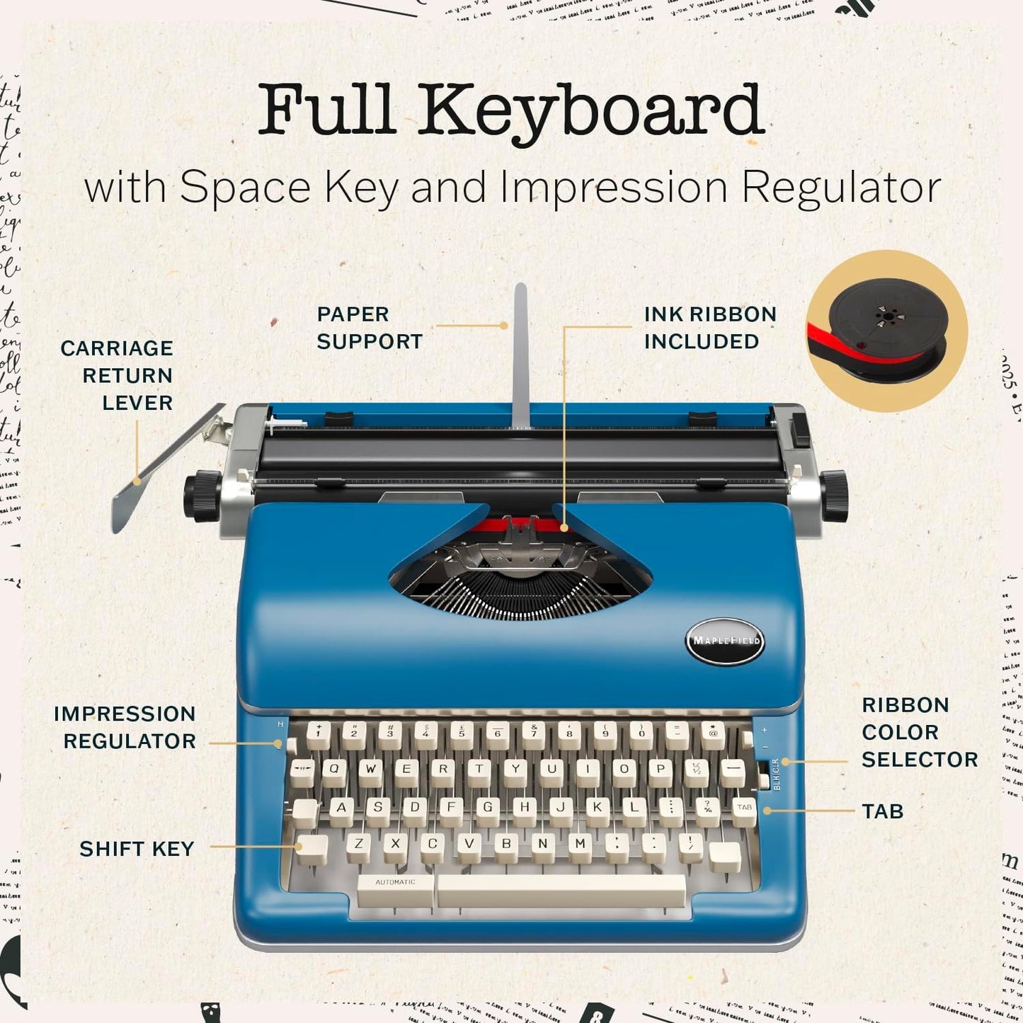 Maplefield Manual Typewriter - Blue - Retro Vintage Look - Working Manual Typewriter & Word Processor - Home Office Desk Decor