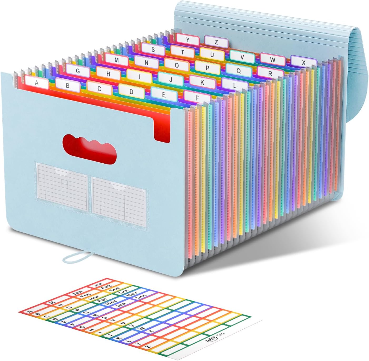 ABC life 26 Pockets Accordian File Organizer Expanding File Folders, Portable Letter A4 Size Filing Box,Plastic Monthly Receipt Document Organizer with Colored Tabs (Light Blue)