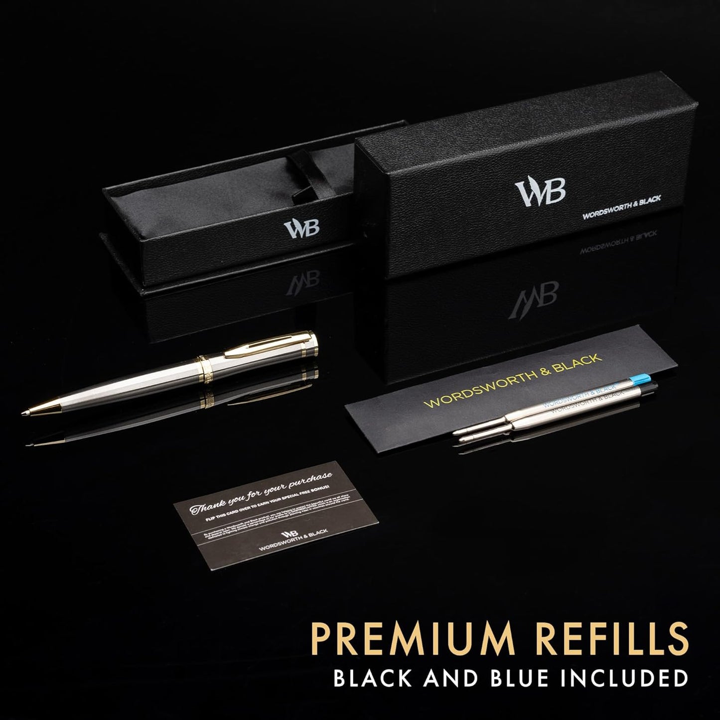 Wordsworth and Black Luxury Ballpoint Pen Set - Silver Lacquer 24K Gold Finish, Refillable Fine Point, Elegant Gift for Men & Women, Includes Ink Refill, Nice Pens for Work