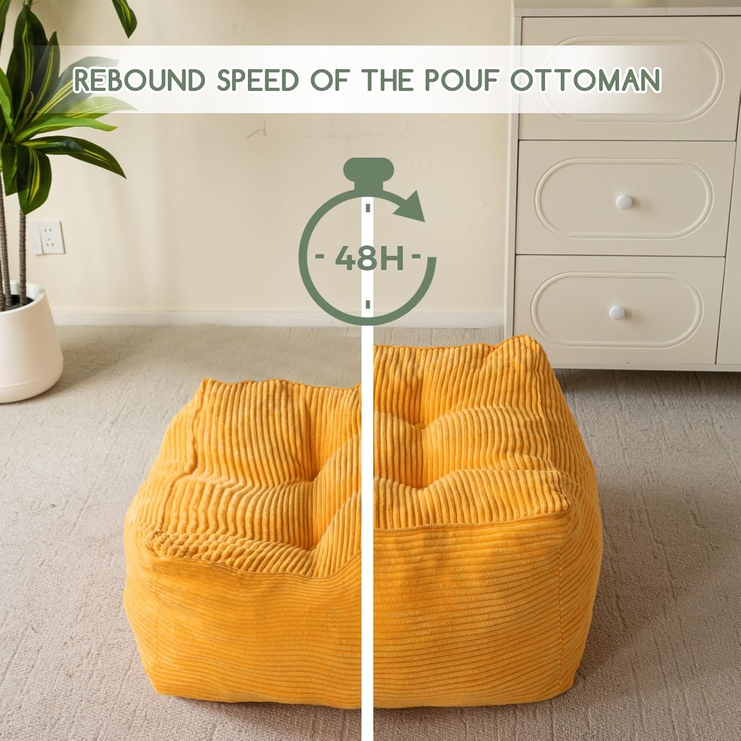 HIGOGOGO Square Stuffed Pouf Ottoman, Corduroy Poufs with Foam Chunk Filling, Furry and Fluffy Pouf Foot Stool Storage Ottoman, 25.6 X 25.6 Floor Poufs Foot Rest for Living Room, Orange