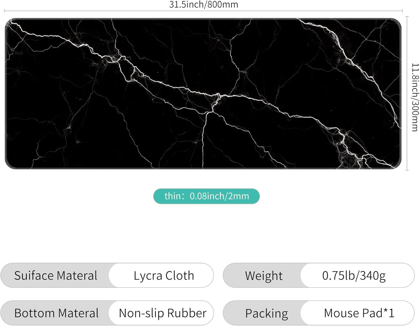 Dynippy Thin Extended Gaming Mouse Pad （31.5 * 11.8 * 0.08 inch） with Stitched Edges Large Mousepad Long XXL Keyboard and Mouse pad Desk Mat for Gaming Office & Home - Black White Marble