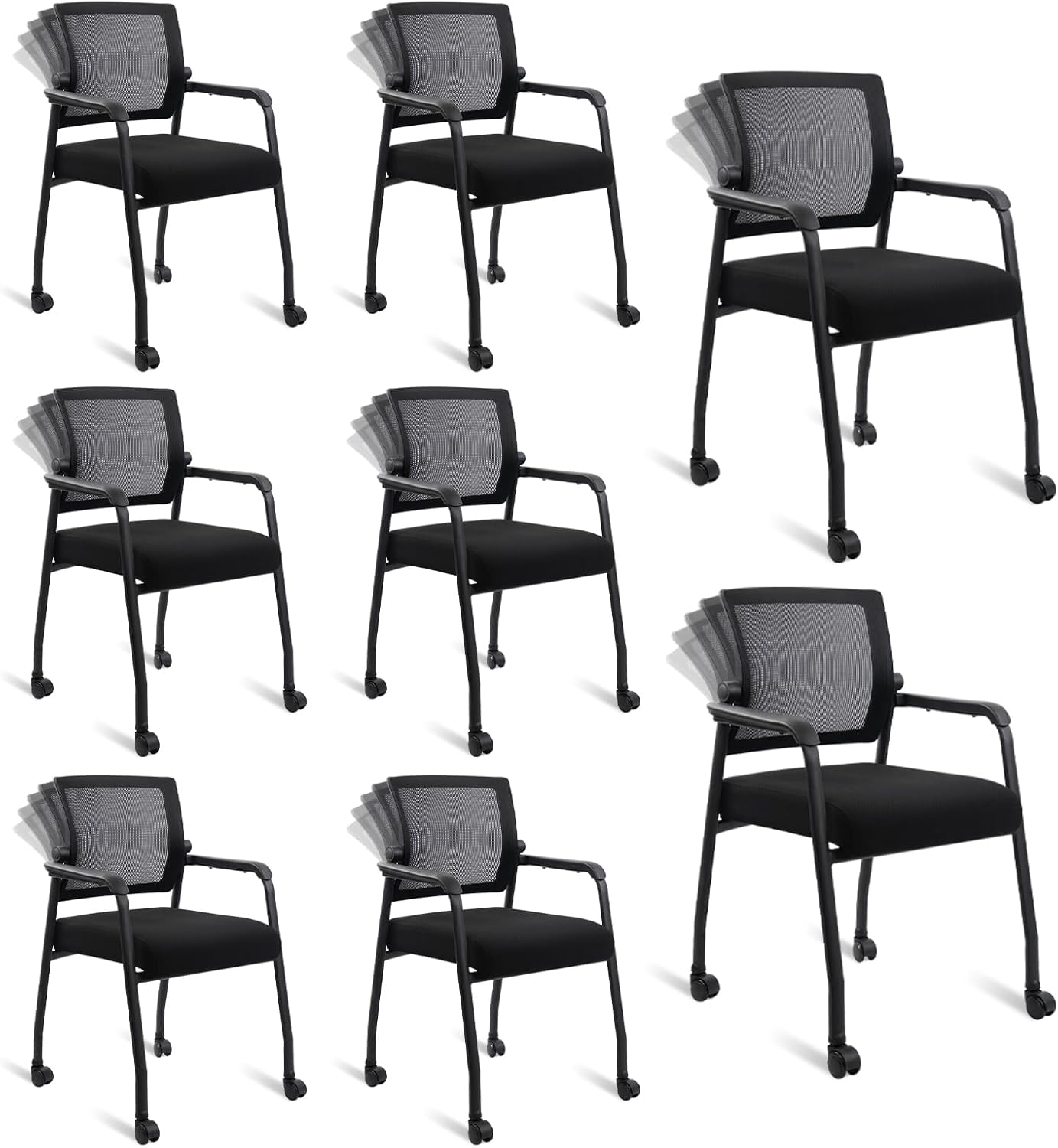 Waiting Room Chairs with Wheels, Adjustable Mesh Backrest, Desk Chair with Ergonomic Lumbar Support and Thickened Seats Cushion, 8 Pack Black