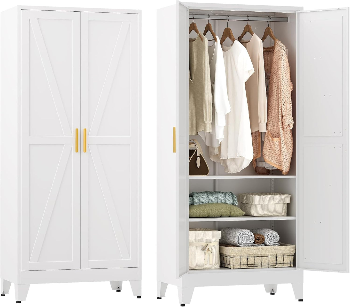 Farmhouse Wardrobe Cabinet,Metal Wardrobe Closet with Hanging Rod,Metal Armoire with Adjustable Shelves for Bedroom,Living Room, Cloak Room,Office (White)