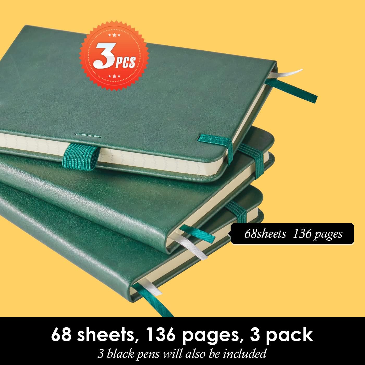 3 Pack Pocket Notebook Journals, Mini Small Leather Lined Journal Notebooks for Note Taking, Small Notepad with Pen Holder, Dark Green