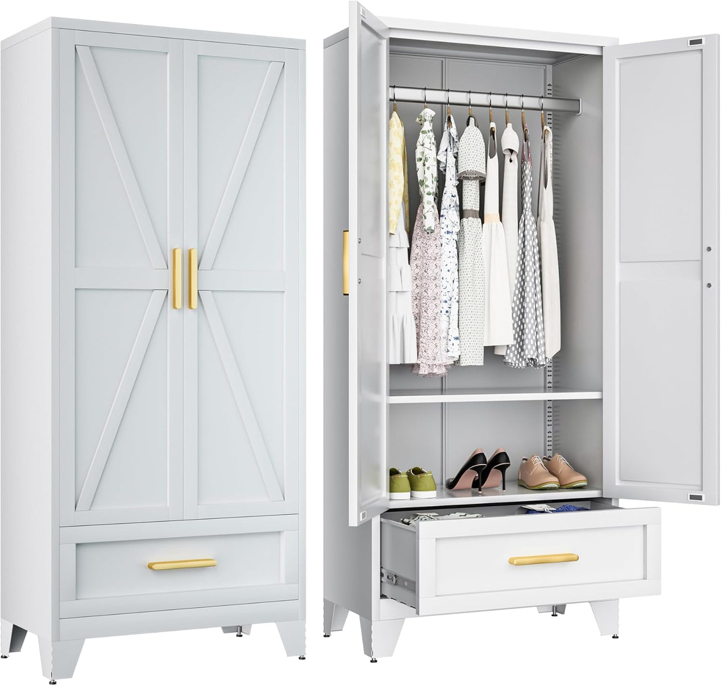 Metal Wardrobe Cabinet,71 Armoire Wardrobe Closet with Drawers and Hanging Rod,Metal Armoire with Adjustable Shelves for Closet,Bedroom,Farmhouse Storage Cabinet with Drawer(White)