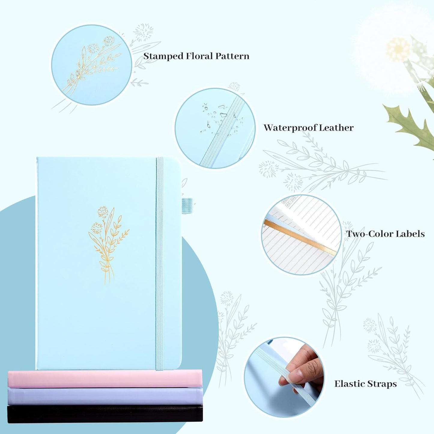 MINICAGIE 3 Pack Lined Journal Notebook for Women Cute Leather Journals for Writing Aesthetic Floral Diary 192 Pages A5 Hardcover Journaling Notebooks with Pen Loop, Blue, Pink, Purple