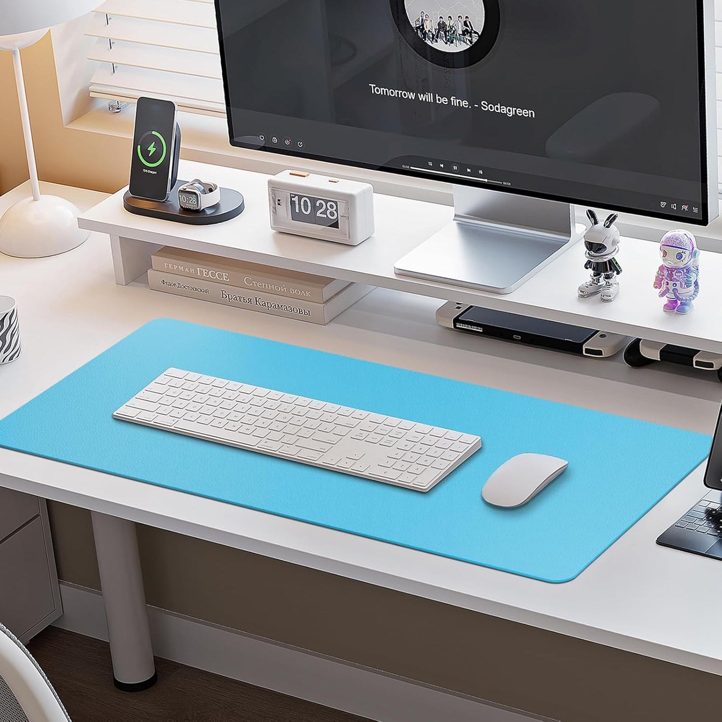 Boutilon Leather Desk Pad Protector,Non-Slip Mouse Pad,Laptop Desk Pad,Office Mouse Mat,Waterproof Leather Desk Blotter,Desk Writing Pad for Office and Home (XXXL-Blue,47"x 24")