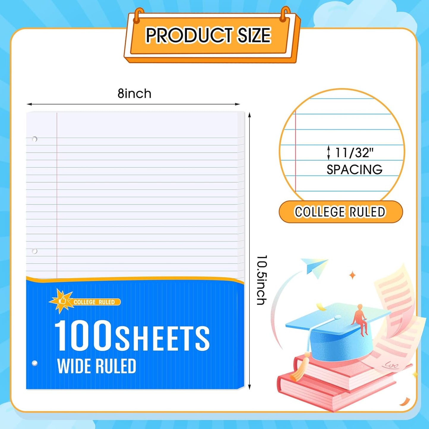 Fainne 20 Pack Notebook Paper Bulk Wide Ruled 8 x 10.5'' Wide Ruled Loose Leaf Notebook Paper Lined Filler for 3 Ring Binders for Office Notes Writing Binder Refill 100 Sheets Per Pack