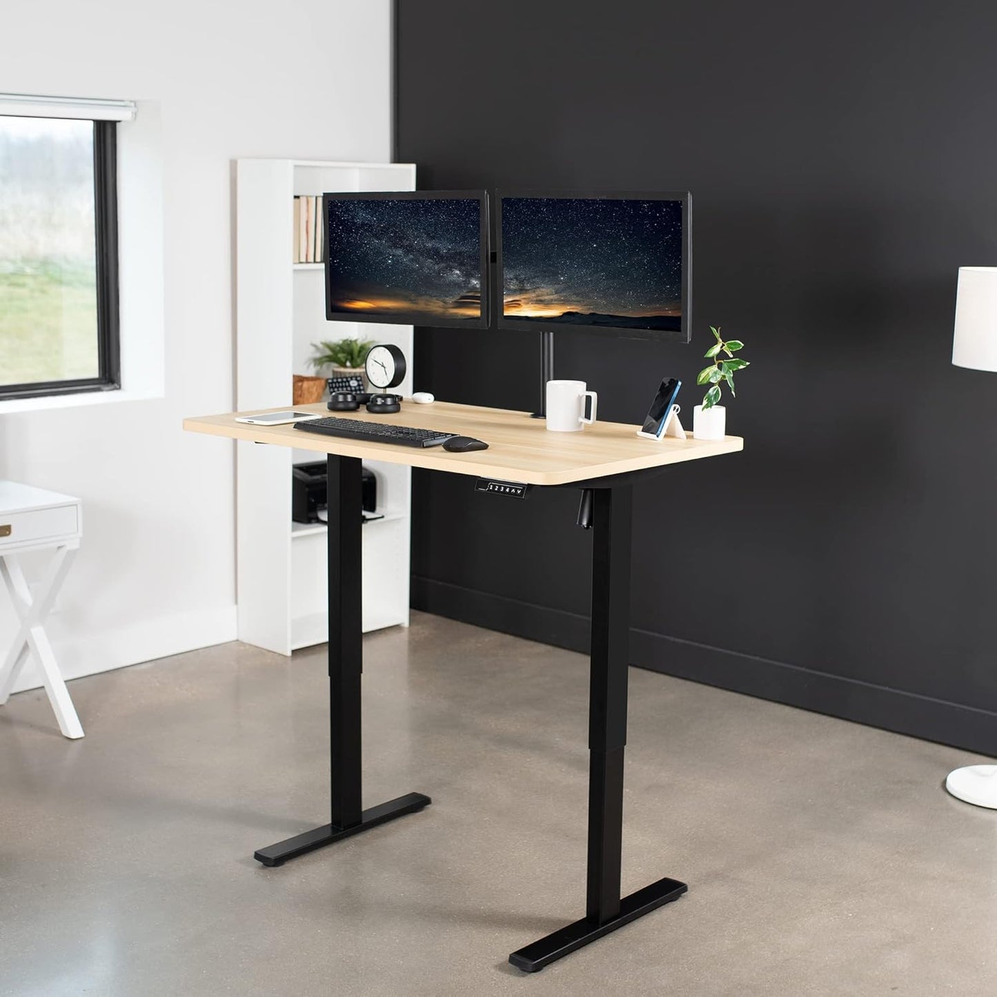 VIVO Electric 48 x 30 in Standing Desk, Memory Height Adjustment, 1B Series, One-Piece Light Wood Top, Black Frame, DESK-KIT-1B5C