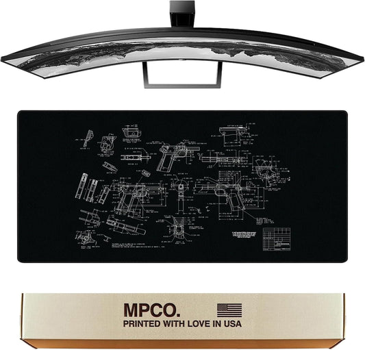 MPCO. Blueprints Large Gaming Desk Pad - 36" x 17" Aeroglyde Fabric Browning 1911 – Black Desk Mats - Non-Slip, Washable, Smooth Glide for Precision Gaming & Work