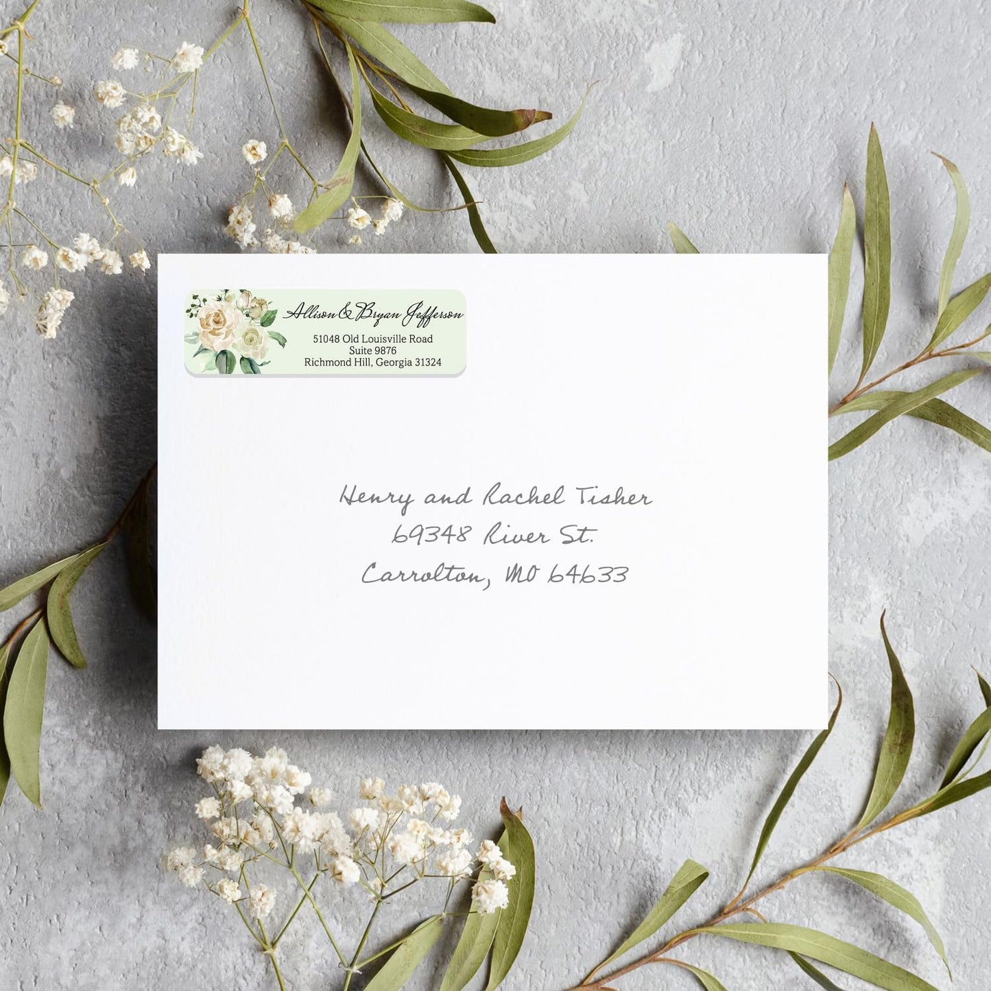 Green Watercolor Floral Rolled Address Labels / 250 Personalized Return Address Labels/Designer Address Stickers in Elegant Plastic Dispenser