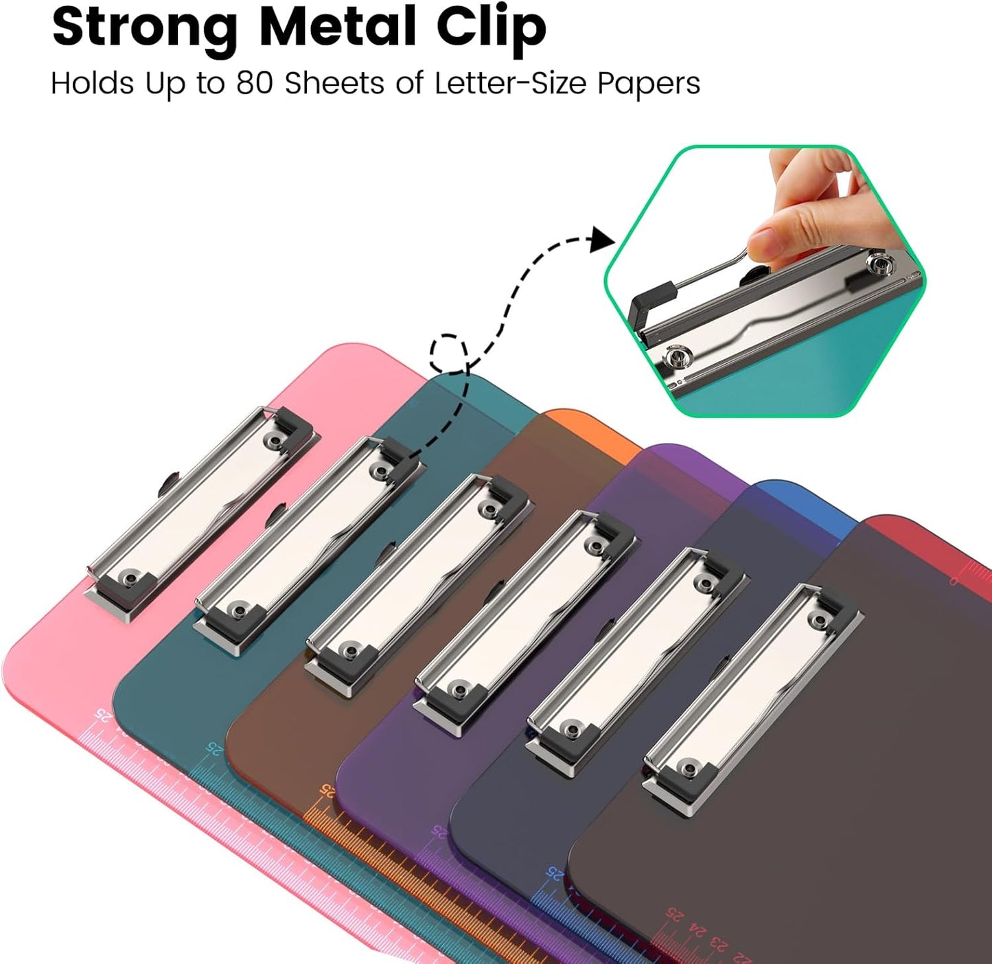 Bulk Clipboards Set of 12, 8.5x11 Plastic Colored Clear Clip Board with Ruler, Suitable for Classroom, Students, Kid, Size 9" x 12.5" with Low Profile Clip, Office & School Supply