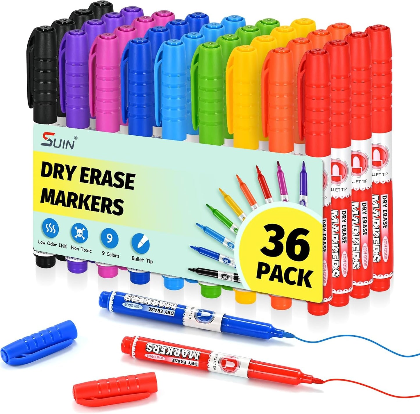 SUIN 9 Colors Dry Erase Markers - Low Odor, Non-Toxic, Slim Whiteboard Bullet Tip markers, Medium Fine Tip Whiteboard Pens for Kids, Office, Classroom & Home 36 Count
