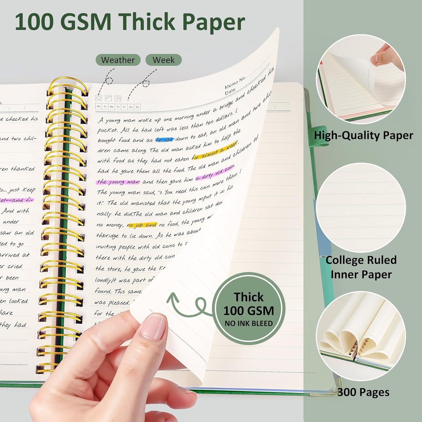 Hardcover Spiral Notebook Journal, 8"x10" Large B5 Notebooks with Removable Dividers Tabs, 300 Pages Leather 5 Subject Notebook College Ruled, Journal for Work School Note, 100 GSM Thick Paper,Green.