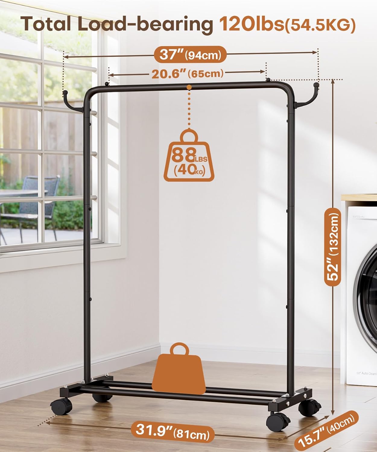 Homde Heavy Duty Clothes Rack: 120lb Standing Garment Storage for Indoor - Rolling Hanging Rod for Bedroom Laundry Room - Coat Dress Organizer on Wheels with luggage shelf (Black，32")