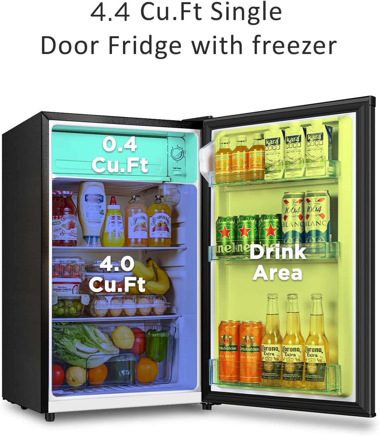 Seaoola Mini Fridge with Freezer, Single Door 4.4 Cu.Ft, Compact Mini Refrigerator, LED Light, Adjustable Thermostat, Removable Glass Shelves, Small Refrigerator for Dorm/Office/Bedroom(Black)