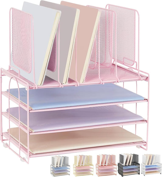 Paper Desk Organizer, 3-Tier Letter Tray with 5 Vertical File Holders, Multifunction Desktop Folder Organizers and Accessories for Home Office(Pink), LK-3CB