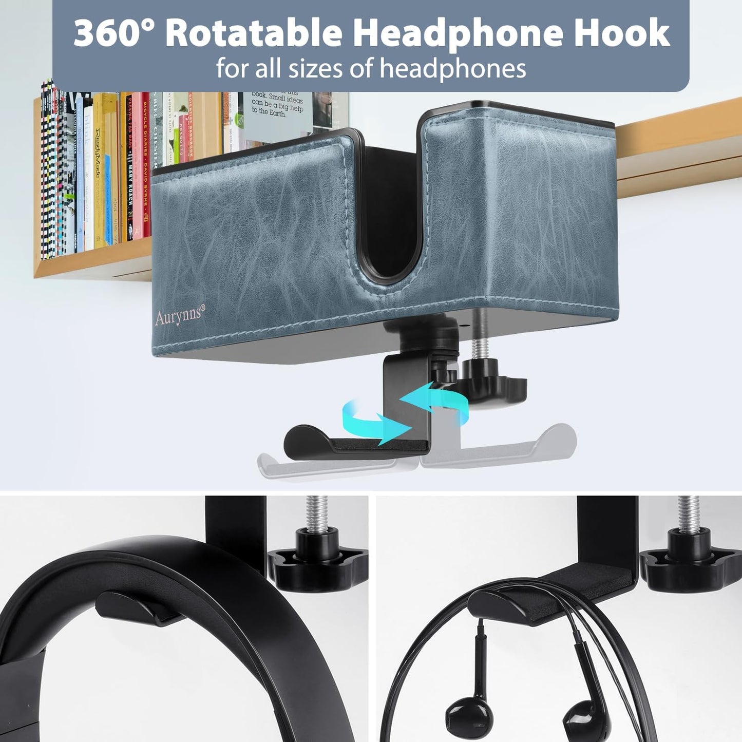 Desk Cup Holder Clip on Pen Holder Headphone Hanger Headset Stand Rotatable Clamp Hook Under Desk (Sky Blue)