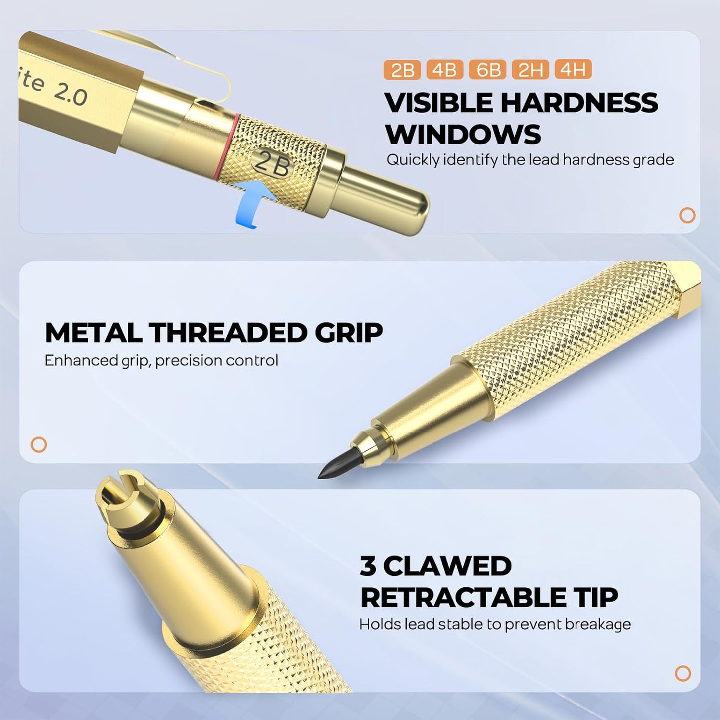 Nicpro 37PCS Gold Art Mechanical Pencil Set, 4PCS Metal Drafting Pencil 0.3/0.5/0.7/0.9 mm & 2PCS 2mm Lead Holder (6B 4B 2B HB 2H 4H) School Supplies for Sketching Drawing with 23 Tube Lead Refills