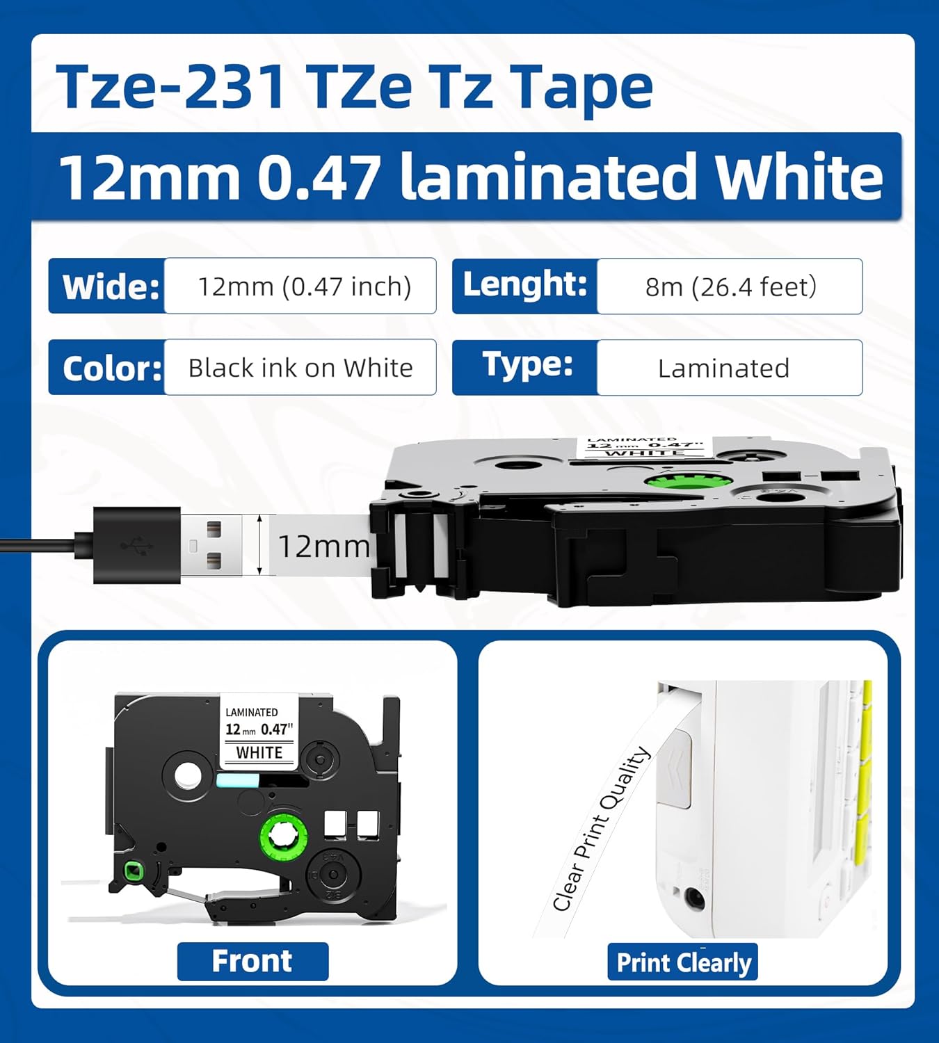 Label Maker Tape, Compatible with Brother P Touch Label Tape, TZe-231 12mm 0.47 Black Ink on White Tze Tz Laminated White Replace for Brother Ptouch PT-D210 PTH110 PTD220 PTD410, 5 pk