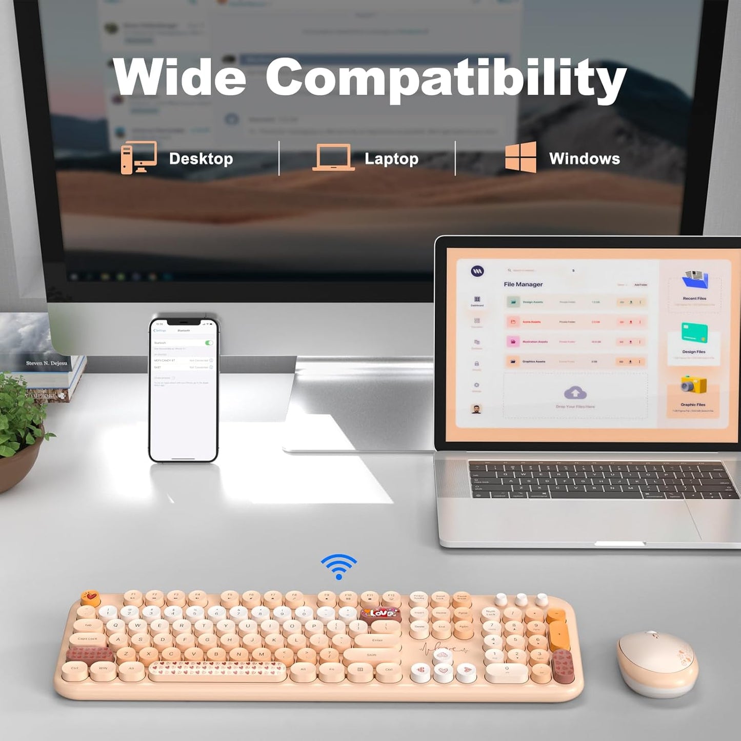 Wireless Keyboard and Mouse, Typewriter Full Size Keyboard with Number Pad and 2 in 1 USB Connected Mouse for Mac, Windows 7/8/10, Laptop, Desktop, PC, Computer