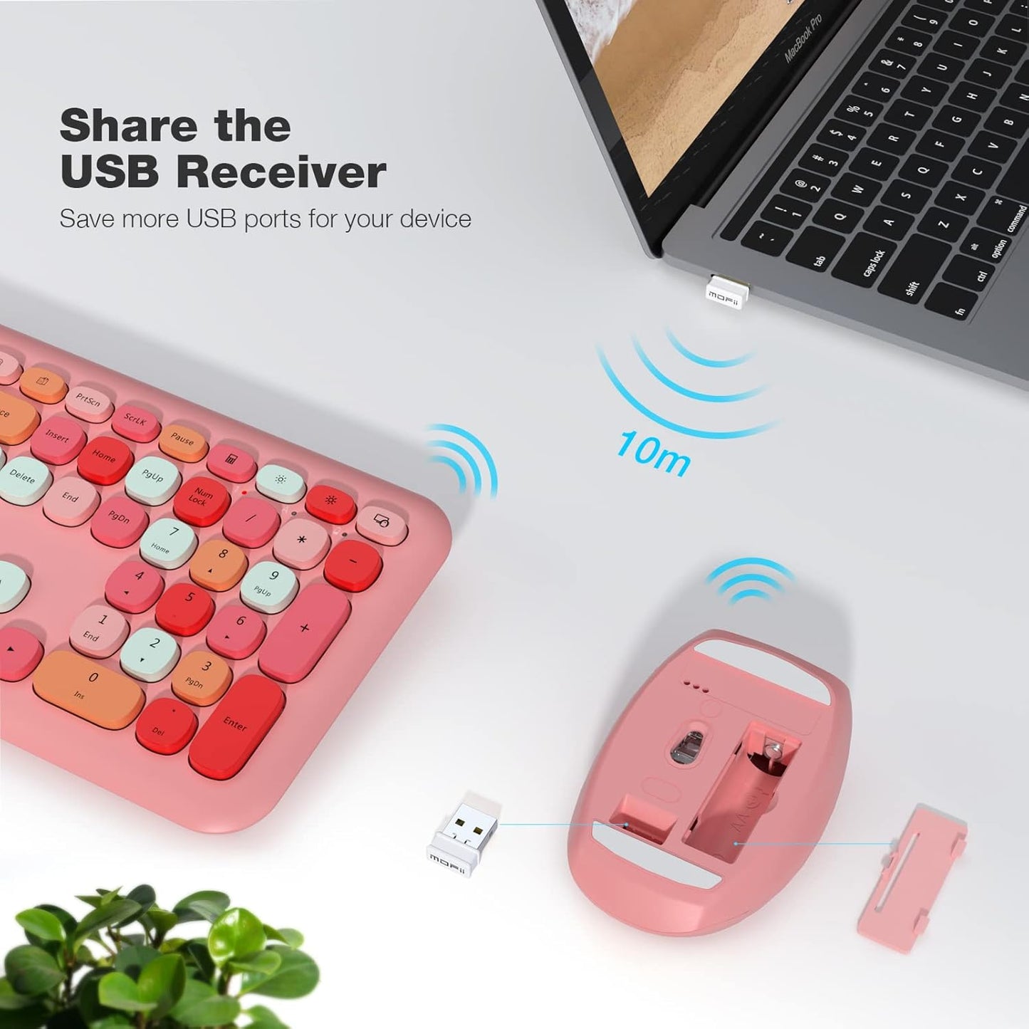 MOFII Wireless Keyboard and Mouse, Ergonomic Full Size Keyboard and Mouse Combo for Mac, Windows 7/8/10, Laptop, Desktop, PC, Computer (Pink Colorful)