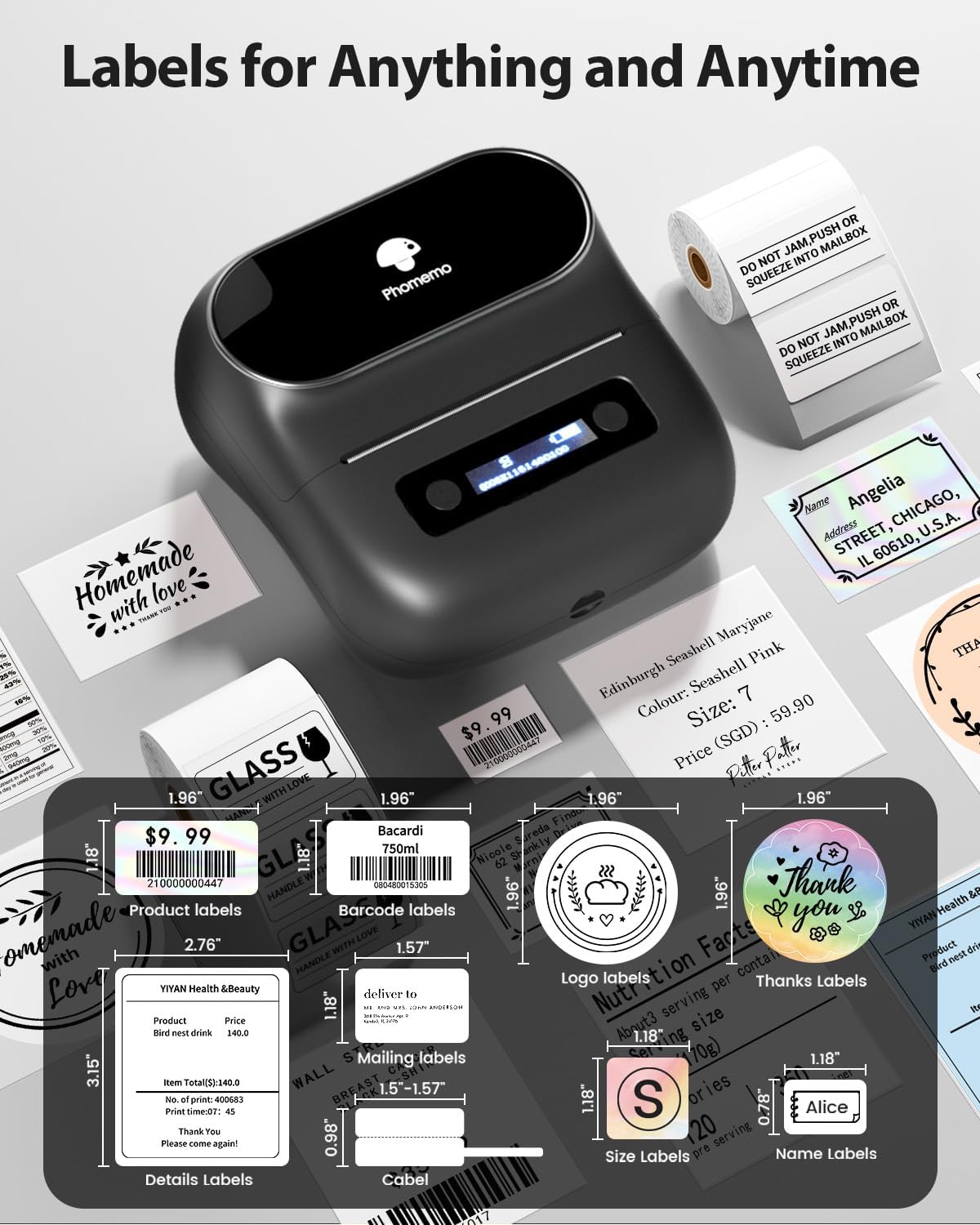 Phomemo Label Maker,M220 Label Printer,3 Inch Bluetooth Thermal Label Maker Machine with 2000+ Icons,300+ Templates & Fonts,for Kids School Items,Small Business,Large Sticker