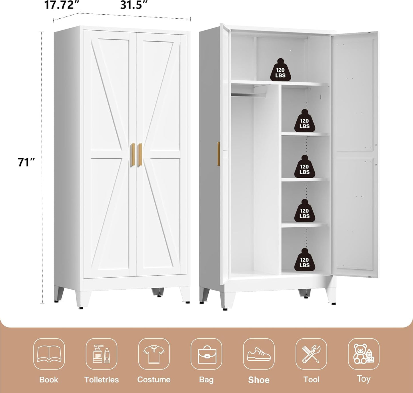 71" Tall Metal Wardrobe Closet with Adjustable Shelves and Hanging Rod, 2 Doors Office Storage Locker Cabinet for Home, Office, Bedroom, Laundry Room, White