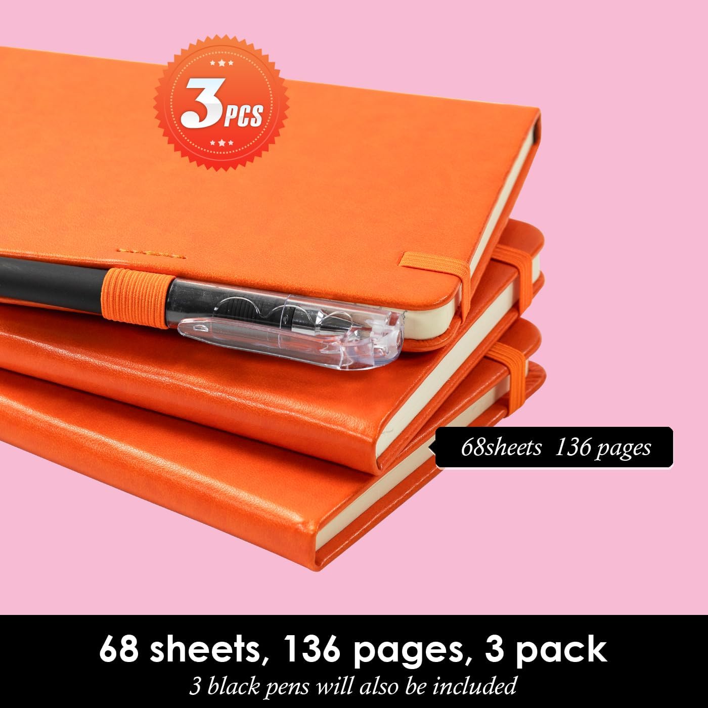 Small Journal Notebook, 3 Pack Mini Pocket Notepads with Pen for Work Writing, Small Leather Note Book Note Pad with 100GSM Premium Paper, No Bleed, 3.7" x 5.7", Orange