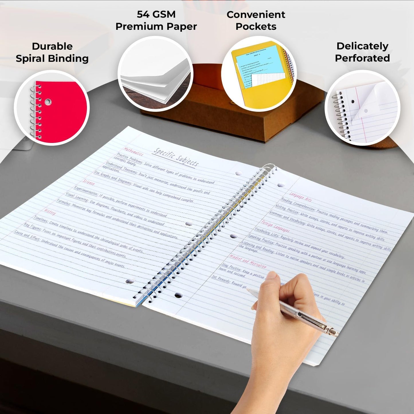 5 Subject Notebook College Ruled, 6 Value Pack, 300 Pages (150 Sheets), 8 x 10-1/2", 5 Subject College Ruled Spiral Notebooks for School & Office, Thick Paper Fights Ink Bleed, 3 Hole Punched