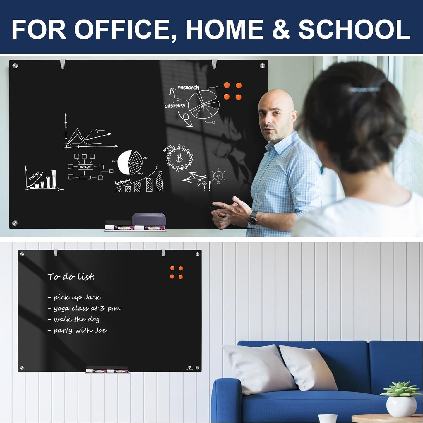 TSJ OFFICE Glass Dry-Erase Board - 48 x 32 Inches Wall Mounted Black Glass Magnetic Whiteboard, Large Frameless White Board for Office, Home & School