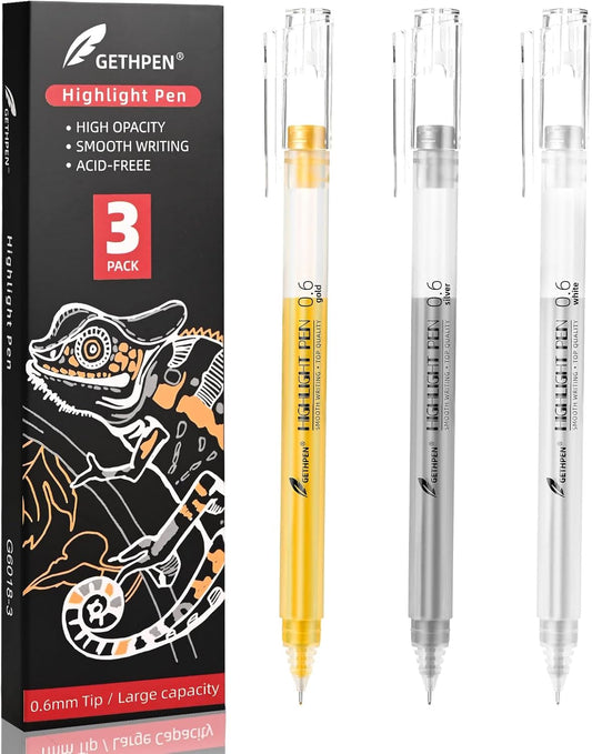 3 Colors 0.6mm Extra Fine Point Gel Pen Set – White, Gold & Silver Gel Ink Pens for Artists Drawing on Black Paper, Sketching, Bullet Journaling & Holiday Crafts
