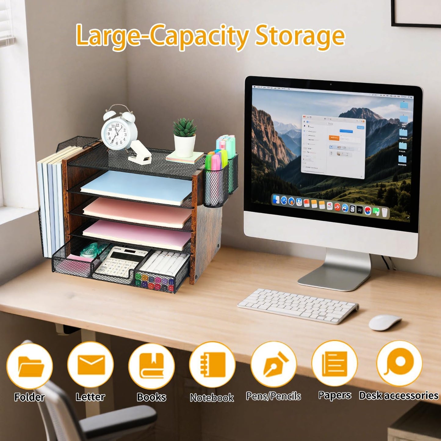 Wood Desk Organizers and Accessories with File Organizer, 5-Tier Paper Organizer with Drawer & Pen Holder, Office Desk Accessories, Workspace Desktop Storage for Office Supplies Organization（Brown）