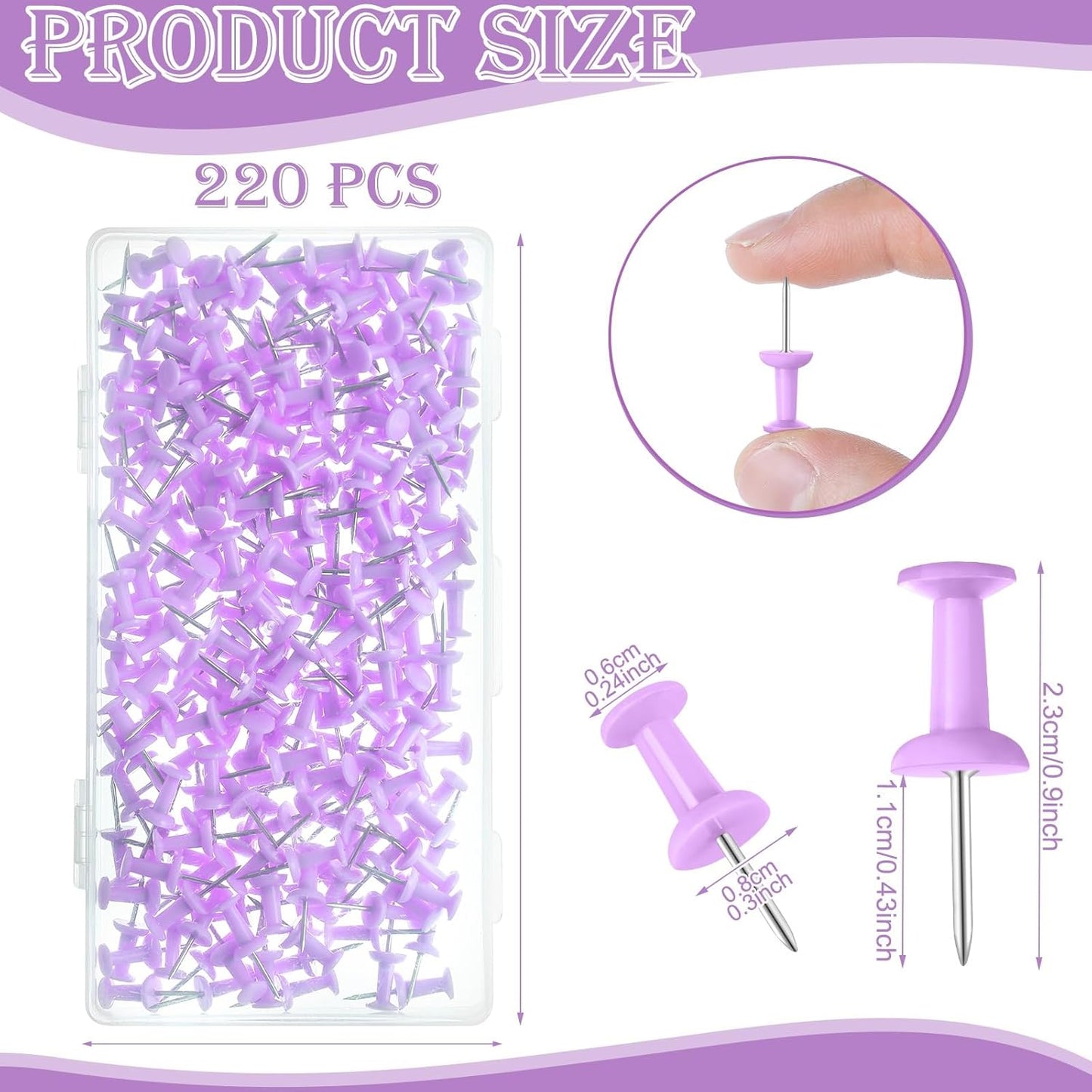 220 Count Purple Push Pins Standard Plastic Head Steel Point Thumb Tacks Decorative Push Pins for Cork Board Wall Hanging Bulletin Board