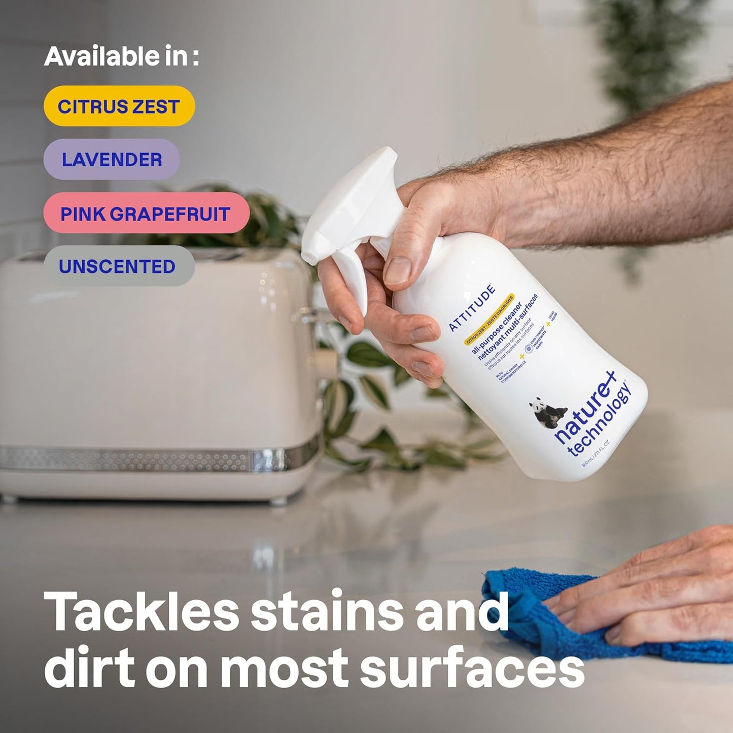 ATTITUDE All Purpose Cleaner Spray, EWG Verified, Vegan, Made with 94% Plant-Based Ingredients, Streak-Free for Kitchen, Bathroom, Glass & More, Unscented, 27.1 Fl Oz (Pack of 6)