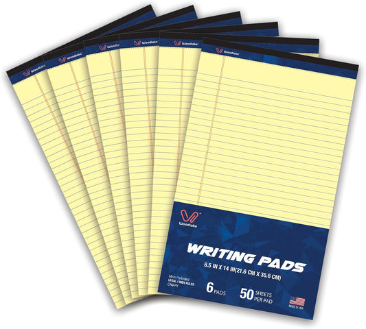 Woodlake Legal Pads 8.5 "x 14" – 6‑Pack, Wide Ruled, Premium Yellow Paper Pad No ink Bleed, Micro‑Perforated Writing Pads,50 Sheets, Legal Size Note pads for School, Office & Home, Made in USA
