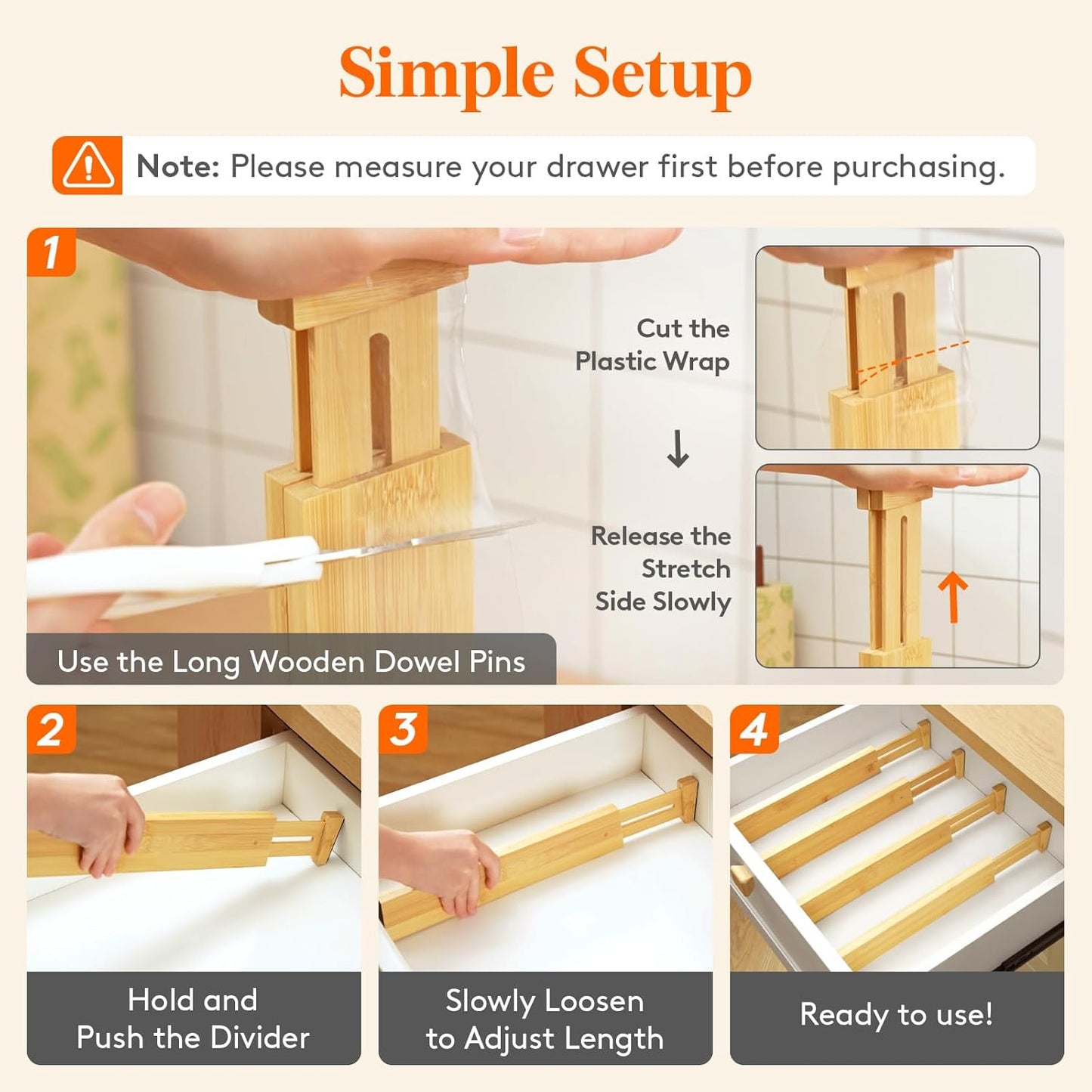 Lifewit 4 Pack Drawer Dividers Bamboo 2.4" High, 12-17" Adjustable Drawer Organizers for Clothes, Wooden Dresser Separators in Bedroom/Bathroom/Kitchen/Fridge/Office Organization and Storage