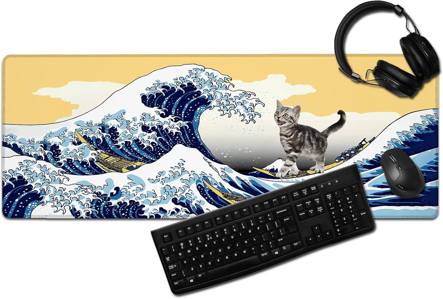 Funny Cat Surfing The Great Wave Off Kanagawa Mouse Pad - Large Non-Slip Desk Mat for Office, PC, Laptop - 31.5"x11.8" x 3mm