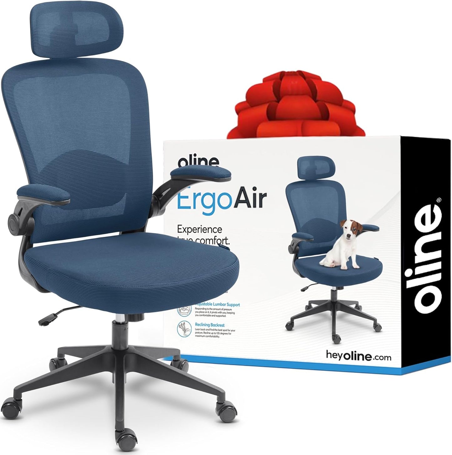 Oline ErgoAir Ergonomic Office Chair – Adjustable Lumbar Support, Flip-Up Armrests, Mesh Computer Desk Chair, Swivel Rolling Executive Gaming Chair for Home & Office (Navy Blue)