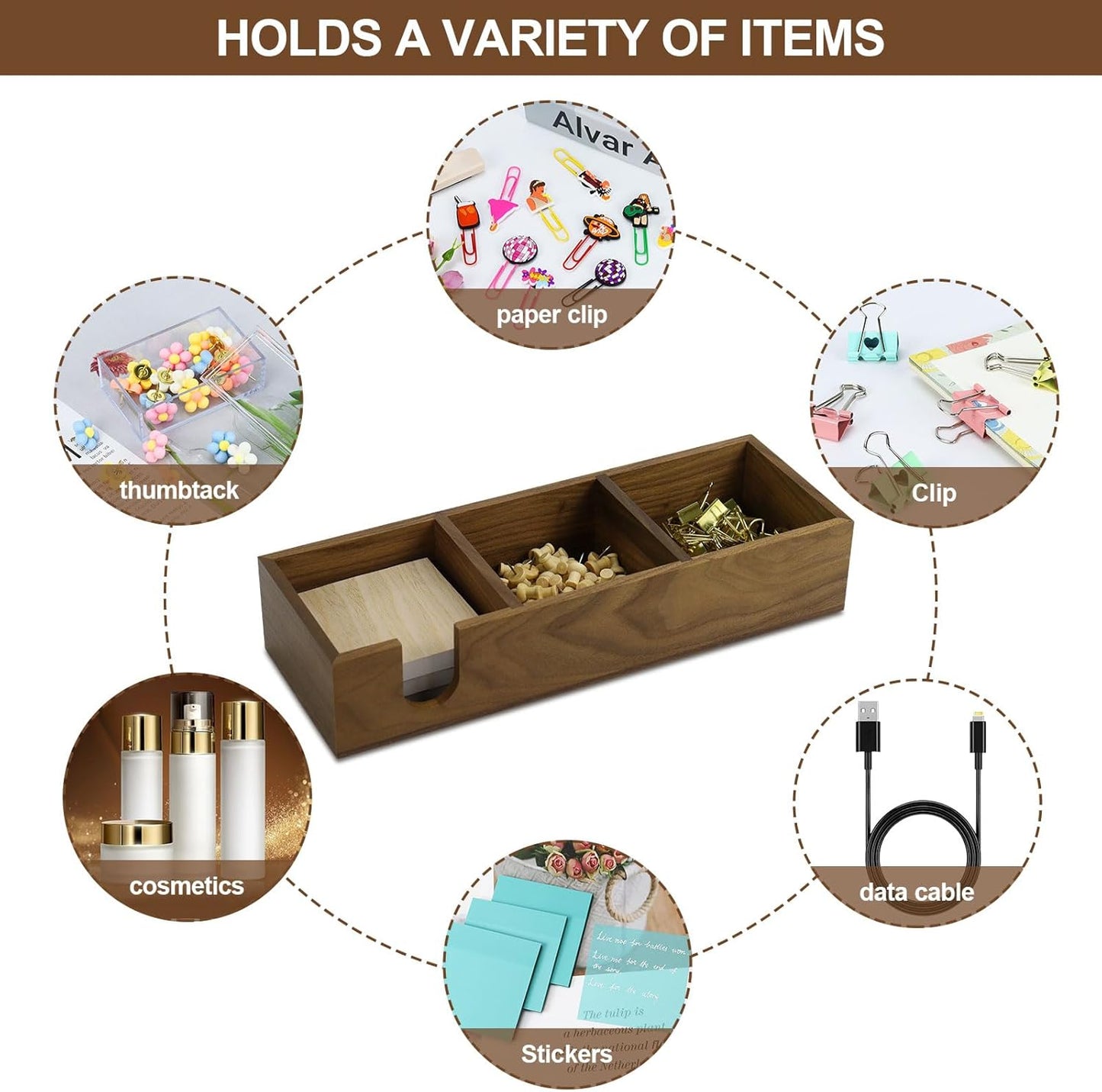 MultiBey 3 in1 Walnut Wooden Sticky Note Holder, 12" x 4.3" x 2.4" Self-Stick Note Pads Holder Memo Pad Dispenser, Wood Post it Note Dispenser Desk Organizer for Office Home School