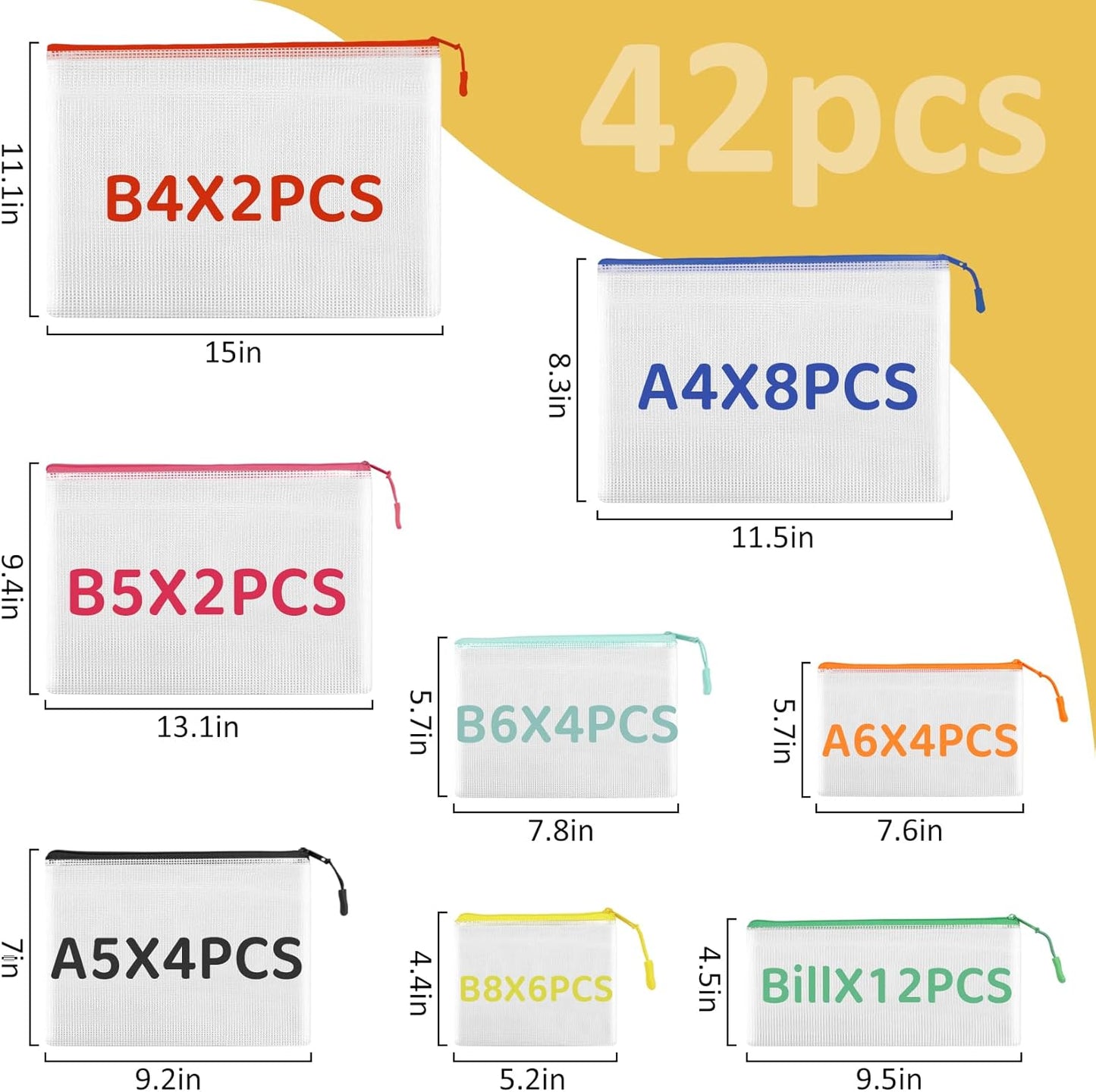 42pcs Mesh Zipper Pouch Bags, Puzzle Bag for Organizing Storage,12 Colors for Puzzles Board Game Storage, 8 Sizes for Reusable Plastic Zip Organizer for Travel