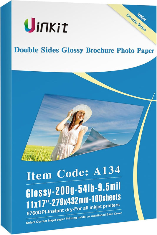 Uinkit 100 Sheets Double Sided Photo Paper 11x17 Glossy 54lb Inkjet 200gsm Obituary Bulletin Gallery Show Obituaries A3 size 11 x 17 inch for Inkjet Printer Printing
