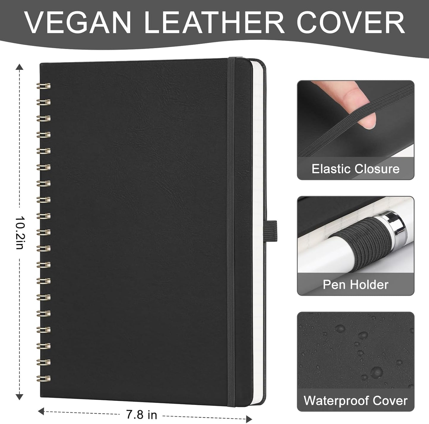 AHGXG Lined Spiral Journal Notebook, B5 Large Notebooks for Women Men, 140 Pages Hardcover Leather Notebook College Ruled, 100 GSM Paper, Notebooks for Work School Note Taking, 7.6" x 10", Black