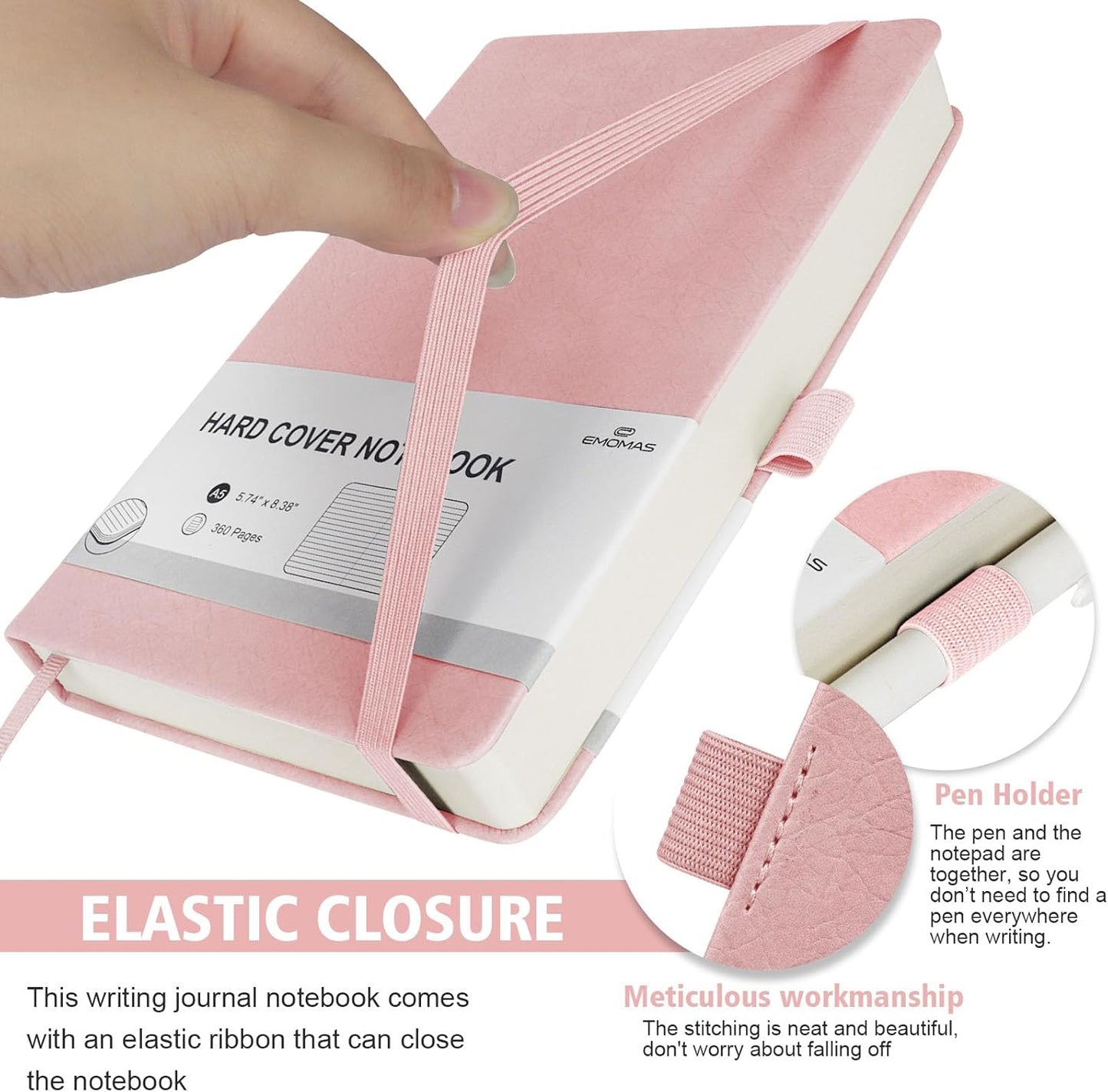 Lined Journal Notebook, 360 Numbered Pages(With page number), Thick Journal for Writing A5 College Ruled Notebook, 100gsm Lined Paper, Leather Hardcover, 5.75'' X 8.38''-Pink