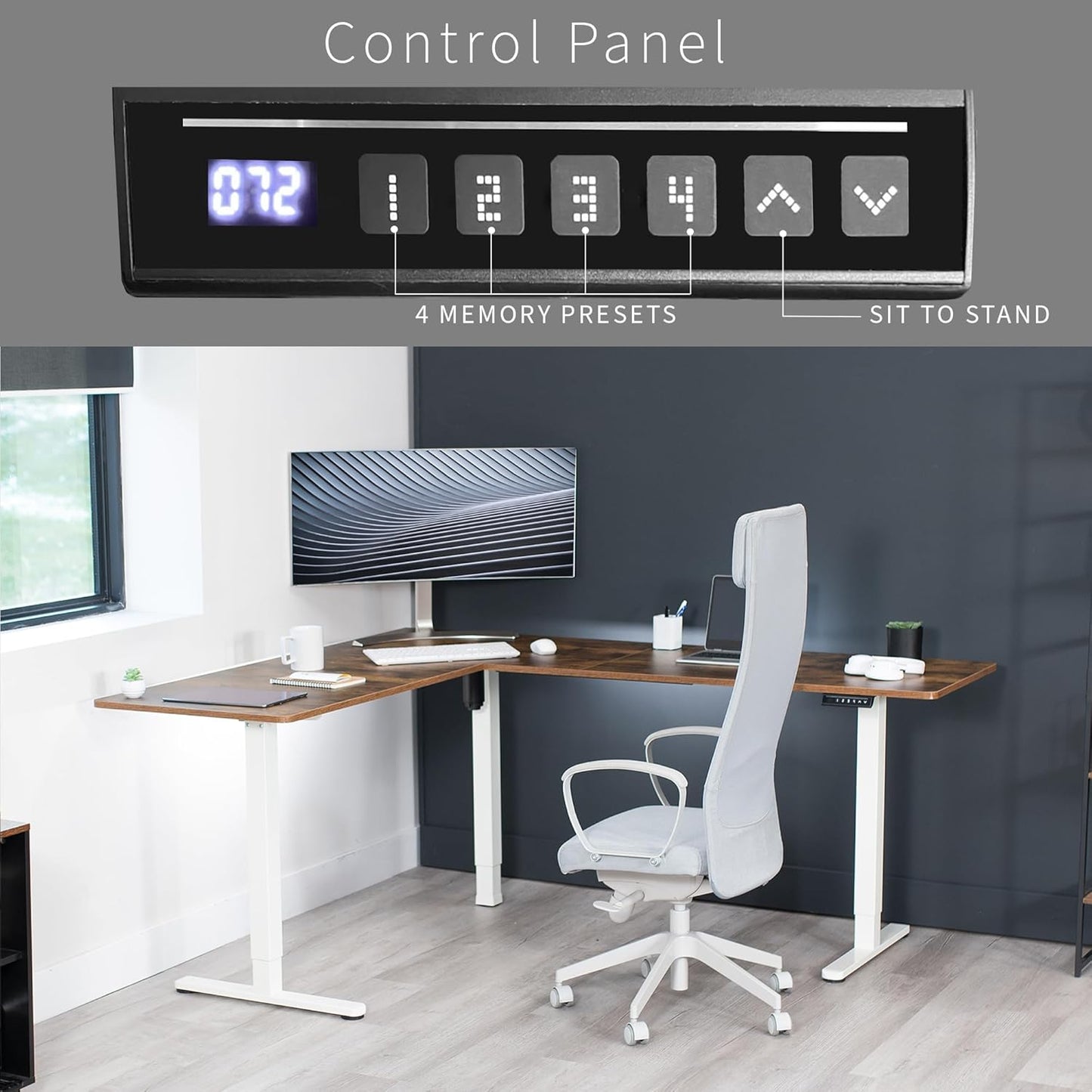 VIVO Electric Corner L-Shaped 75 x 63 in Rustic Standing Desk, Memory Height Adjustment, Vintage Brown Top White Frame, DESK-E3CTWN-75