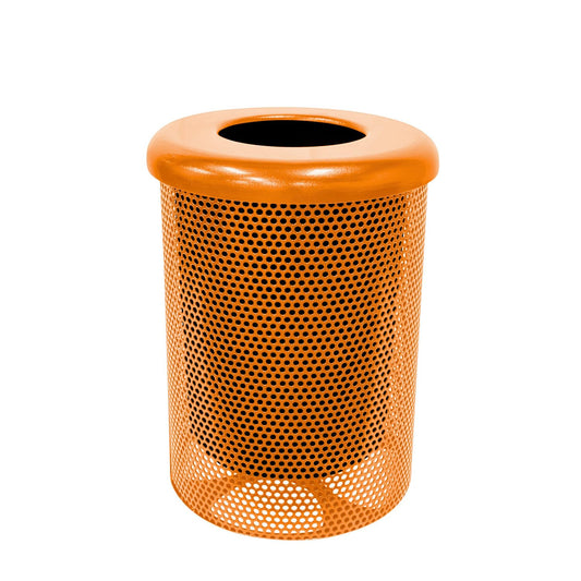 Coated Outdoor Furniture 32-Gallon Heavy-Duty Punched Steel Round Trash Receptacle, Commercial Outdoor Waste Bin with Liner & Black Flat Top Lid – Made in America (Textured Orange)