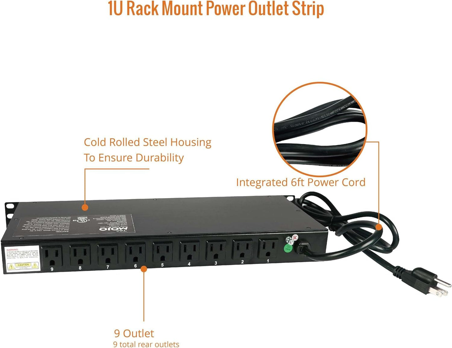 Tecmojo 9-Outlet Rack Mount Overloading Protection Circuit Breaker PDU Power Strip with Individual Switch 6ft Cord for IT and Network Racks and Cabinets