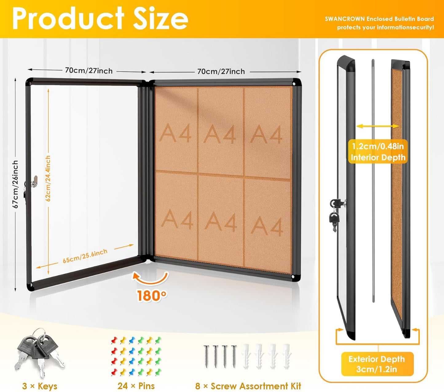 SWANCROWN Lockable Noticeboard Wall-Mounted Bulletin Cork Boards Tamper Proof Information Board Indoor,Black Frame,28x26 inch (6xA4)