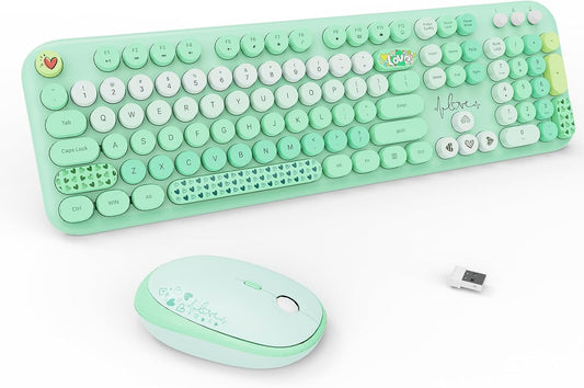 FOPETT Wireless Keyboard and Mouse Combo - 2.4G Full-Sized Cute Colorful Retro Keyboard with Round Keycaps 104 Keys Typewriter Keyboard for Laptop/Windows/PC-Green Colorful