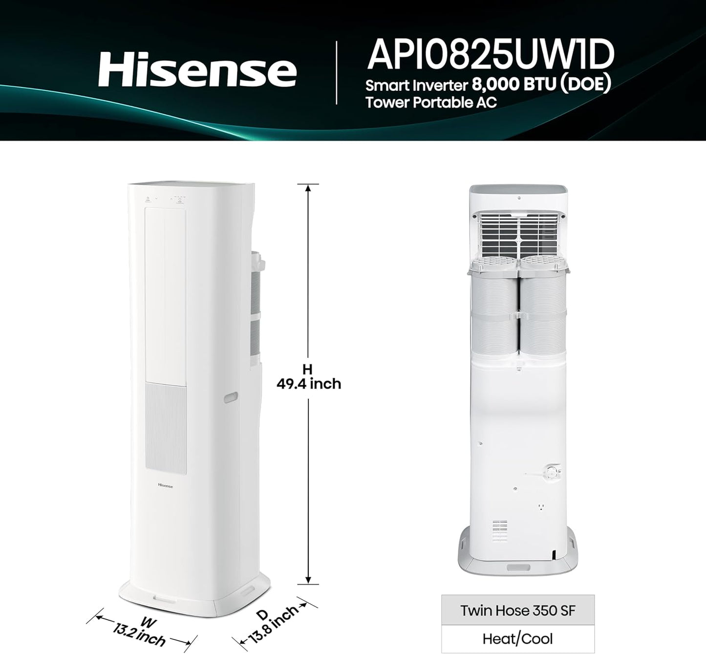 Hisense API0825UW1D Smart Inverter Twin Hose 8,000 BTU (DOE) 350 SF Heat/Cool Tower Portable Air Conditioner, White
